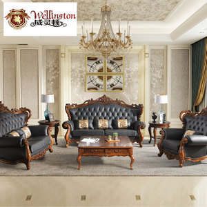 威灵顿 美式真皮沙发简美客厅雕花实木沙发欧式复古沙发X603-32