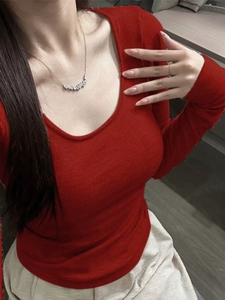 红色毛衣女秋冬内搭低领打底衫2024新款长袖针织衫超好看短款上衣