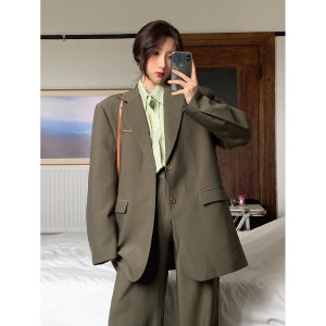 老莫同学 秋季复古vintage橄榄绿西装外套女2021新款直筒休闲西裤