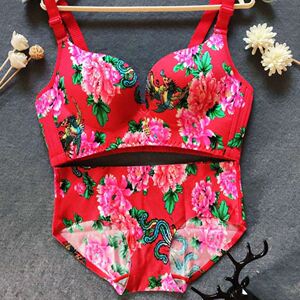 东北大花龙凤无痕内衣套装性感胸罩少女上托火辣中国风乡村一片式