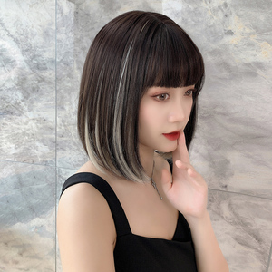 假发女短发lisa同款挂耳染假发套网红bobo头内扣锁骨发挑染全头套