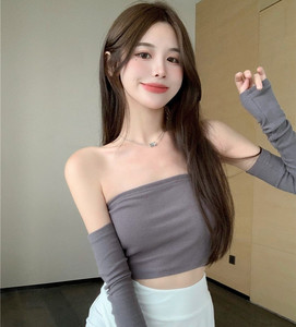 辣妹紧身纯欲风性感抹胸袖套t恤女高腰露脐短款上衣夜场蹦迪ins潮