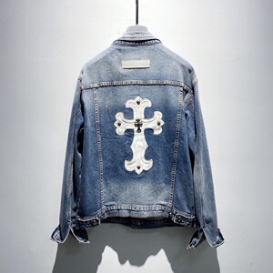 正品chrome hearts克罗心梵文十字架贴皮铆钉男女款牛仔夹克外套