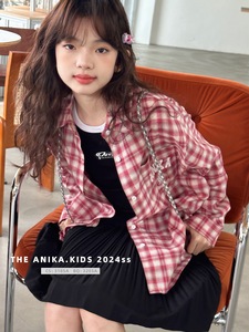 阿尼卡ANIKA韩国波拉童装2024春款女童衬衣甜美女孩格子衬衫上衣