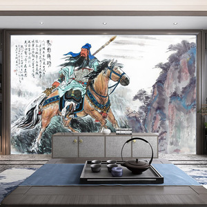 中式关公壁纸中国风三国英雄仁义关老爷壁画关公马到成功背景墙纸