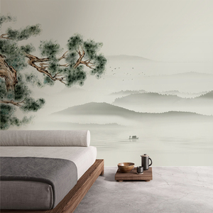 新中式意境松树水墨山水墙纸壁画客厅书房电视背景墙壁纸影视墙布