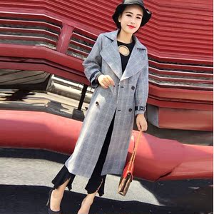 2017秋季新款韩版潮大翻领格子女中长款过膝收腰风衣兰蔻儿17188