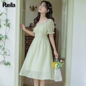 拉夏贝尔Puella法式小清新森系气质连衣裙女绿色方领收腰显瘦长裙