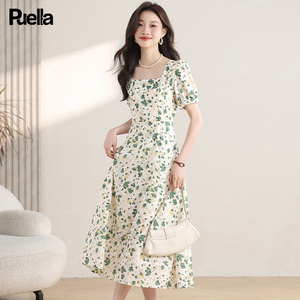 拉夏贝尔Puella绿色碎花连衣裙女时尚显瘦气质方领a字雪纺仙女裙