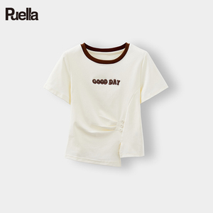 拉夏贝尔Puella2024新款短袖T恤女夏设计感别致修身减龄扭扣上衣