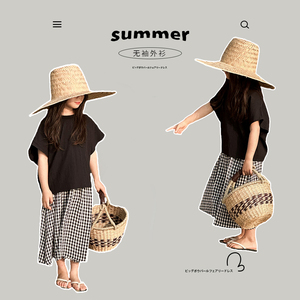 韩版儿童无袖连衣裙2024夏装新款洋气拼接格子长裙 女童时尚裙子