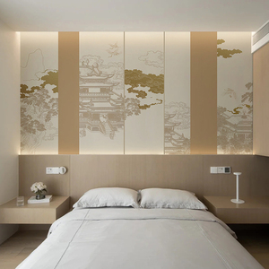 新中式古风楼阁墙纸客厅背景墙壁纸高档酒店卧室床头装修壁画墙布