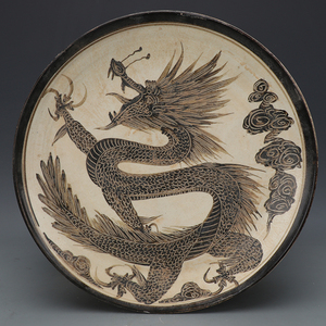 宋代磁州窑刻龙纹盘 古董瓷器保真包老 古玩民间收藏品 一图一物