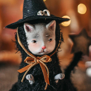 红叶题诗 立陶宛艺术家手作的陶瓷面具黑猫魔法师摆件装饰