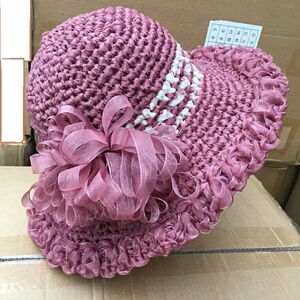 成品丝带帽遮阳帽 纯手工编织 丝带线雪沙带 夏凉帽 沙滩帽亲子帽