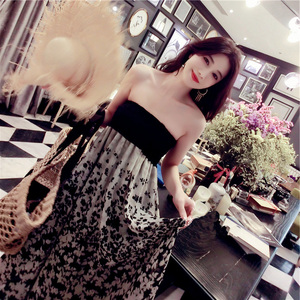 2021新款刘钰懿雪纺抹胸裙碎花一字肩连衣裙长裙海边度假裙子女