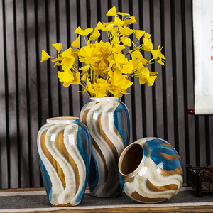 景德镇土化羽陶瓷花瓶蓝白s流釉插干花鲜花餐馆卧室摆件复古花器