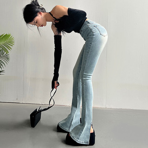 时髦精复古后开叉牛仔马蹄裤女高腰显瘦显腿长微喇叭拖地长裤