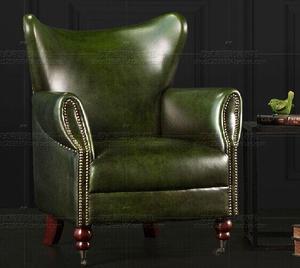 美式单人皮艺沙发椅北欧式法式墨绿色真皮老虎倚咖啡厅酒店高背椅