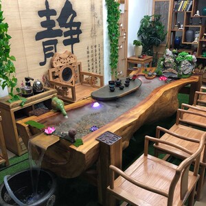 风水微景观假山可养鱼循环流水造型茶台创意樟木茶桌椅21人付款2000