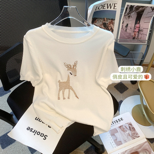 白领哥弟新女装2024年夏季圆领卡通小鹿刺绣冰丝针织衫短袖T恤女