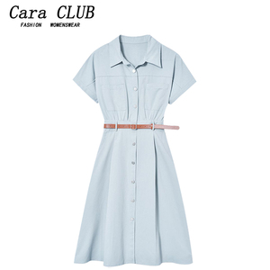 Cara CLUB大码法式POLO领短袖连衣裙女夏季中长款收腰显瘦牛仔裙