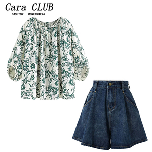Cara CLUB大码又a又飒套装女夏季圆领短袖T恤牛仔阔腿裤两件套潮