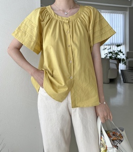 韩国正品新款女装褶皱领宽袖棉质衬衫短袖宽松休闲百搭气质高雅