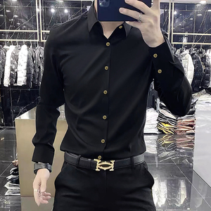 高端免烫垂感衬衫长袖男士休闲修身高级感弹力商务黑色衬衣薄款潮