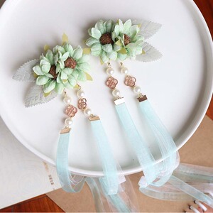 汉服花朵古风头饰丝带后压长流苏飘带绢花发饰珍珠儿童古装发夹