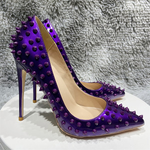 欧美新款12cm深紫色漆皮铆钉尖头高跟女式时装单鞋细浅口女鞋10cm