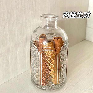 肉桂生财瓶网红肉桂摆件收口玻璃瓶浮雕透明小花瓶插花瓶子香薰瓶