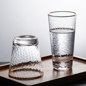 金边玻璃杯水杯创意简约耐热家用锤纹茶杯果汁杯餐厅酒店杯子日式