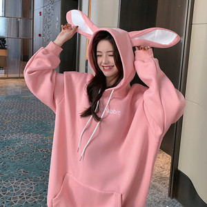 粉色可爱少女兔耳朵卫衣外套宽松大码胖妹妹孕妇小个子潮套头上衣