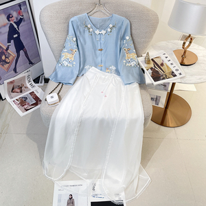新中式女装国风2024夏季新款小个子高级感蓝色刺绣衬衫裙子两件套