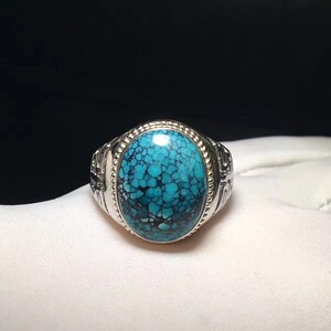 湖北十堰纯天然原矿绿松石戒指男女款纯银镶嵌乌兰花绿松石戒面