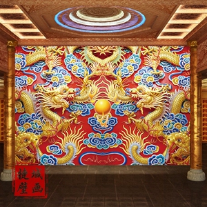 龙纹墙纸中式复古皇宫背景墙装饰中国风餐厅佛堂寺庙双龙戏珠壁纸