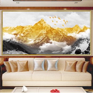 金色雪山背有靠山客厅大堂装饰画人财两旺办公室酒店招财风水贴画