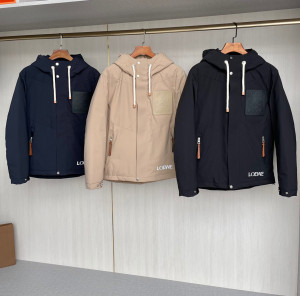 正品 loewe/罗意威 21ss冬款男士牛皮压花大口袋连帽羽绒服外套潮