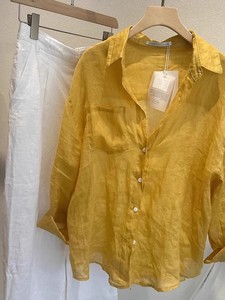 姜黄色亚麻长袖衬衫外穿夏季别致绝美女士空调衫轻奢高级感防嗮衫