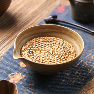 日式储水壶承藤编垫养壶干泡台单层小茶盘粗陶瓷盖碗底托复古茶具