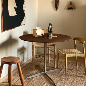 中复古法式原实木圆形小户型家用咖啡店茶几不锈钢胡桃饭餐桌椅子