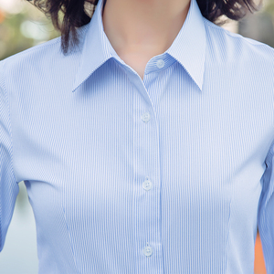 蓝白竖条纹衬衫女长袖银行上班职业女士工作服前台接待工装衬衣春