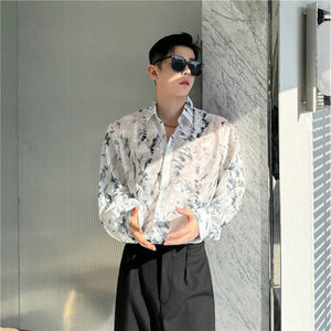 夏季复古水墨水花衬衫男长袖设计感韩版气质网红防晒薄纱衬衣休闲