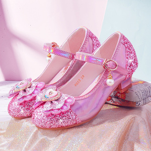 女童鞋舞台水晶鞋粉色爱莎公主鞋新款皮鞋银色模特走秀儿童高跟鞋