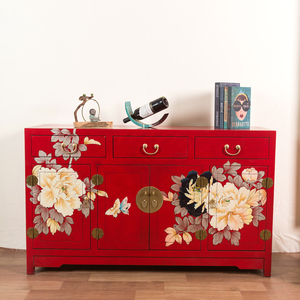 新中式古典红色三斗四门柜牡丹柜储物柜鞋柜隔断柜玄关柜鞋柜
