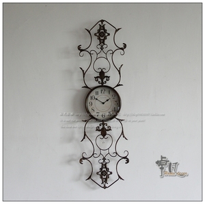 欧式古典家居客厅铁艺挂钟美式乡村镂空墙饰钟表长条形金属壁挂钟