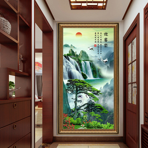 迎客松壁画进门玄关画山水画风水靠山客厅装饰画竖版过道招财挂画