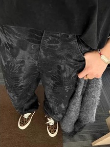 美式复古黑灰色迷彩牛仔裤男设计感小众oversize弯刀裤子直筒长裤