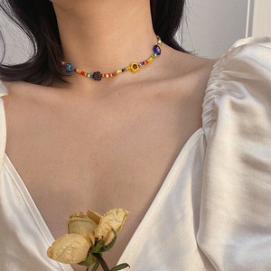 韩国小众设计感七彩串珠手工琉璃花朵项链简约锁骨链女